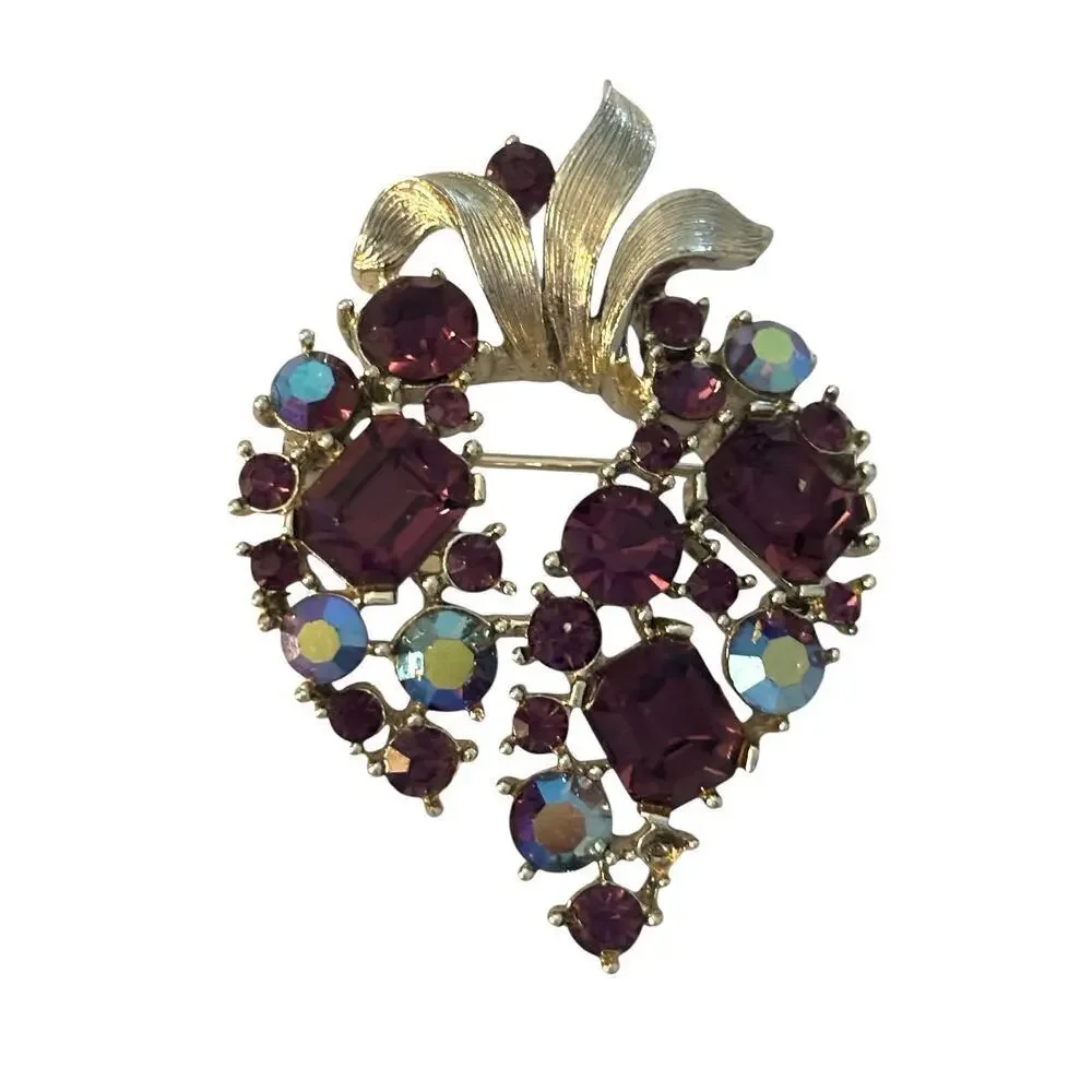 LISNER Signed Purple Aurora Borealis Rhinestones Brooch Vintage Leaf Gold Tone